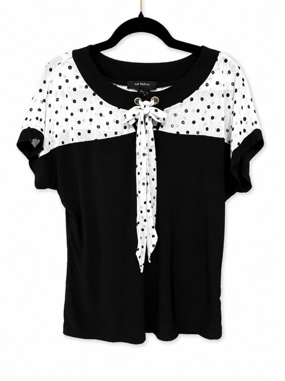Liz McCoy Black & White Polka Dot Tie Neck Blouse | Women's Size Large - Picture 2 of 4